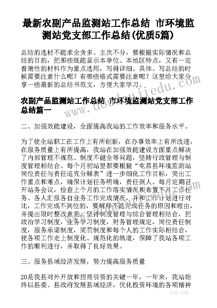 最新农副产品监测站工作总结 市环境监测站党支部工作总结(优质5篇)