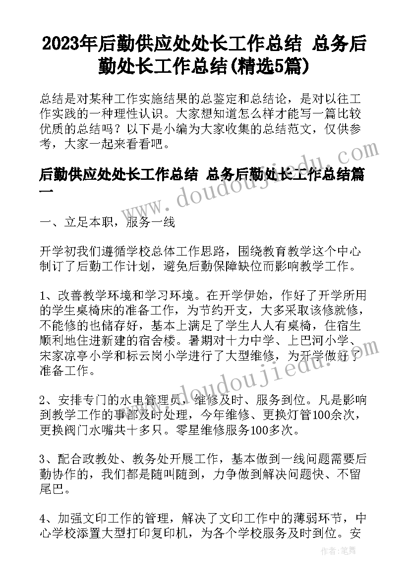 2023年后勤供应处处长工作总结 总务后勤处长工作总结(精选5篇)