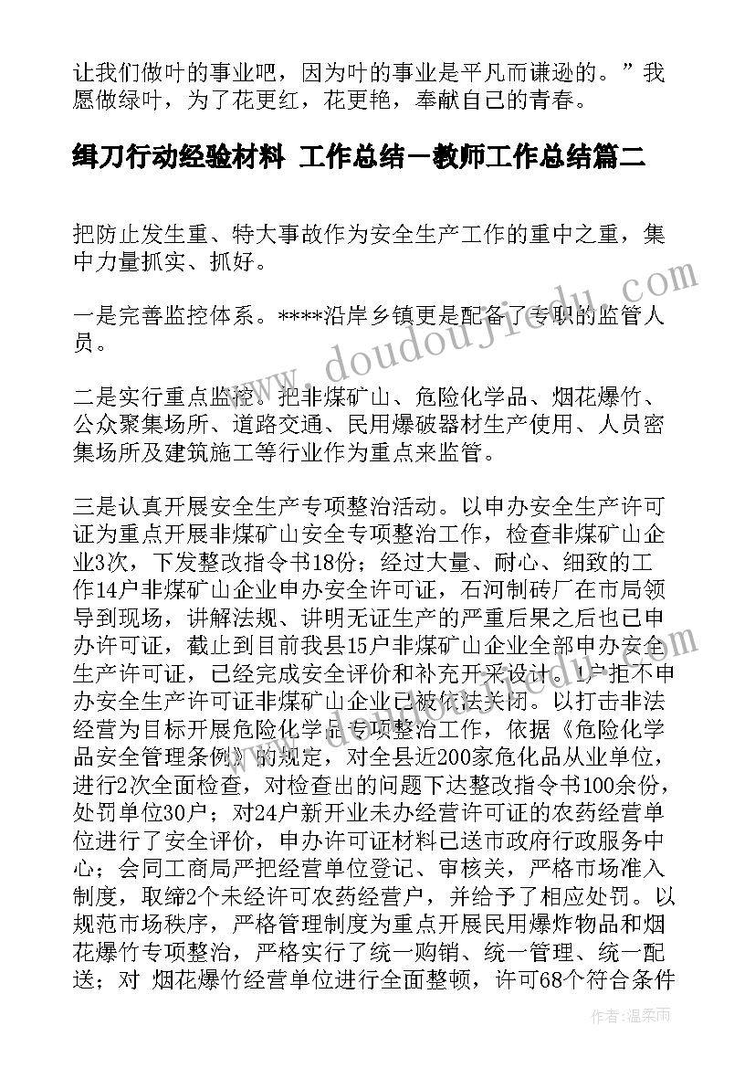 缉刀行动经验材料 工作总结－教师工作总结(大全9篇)