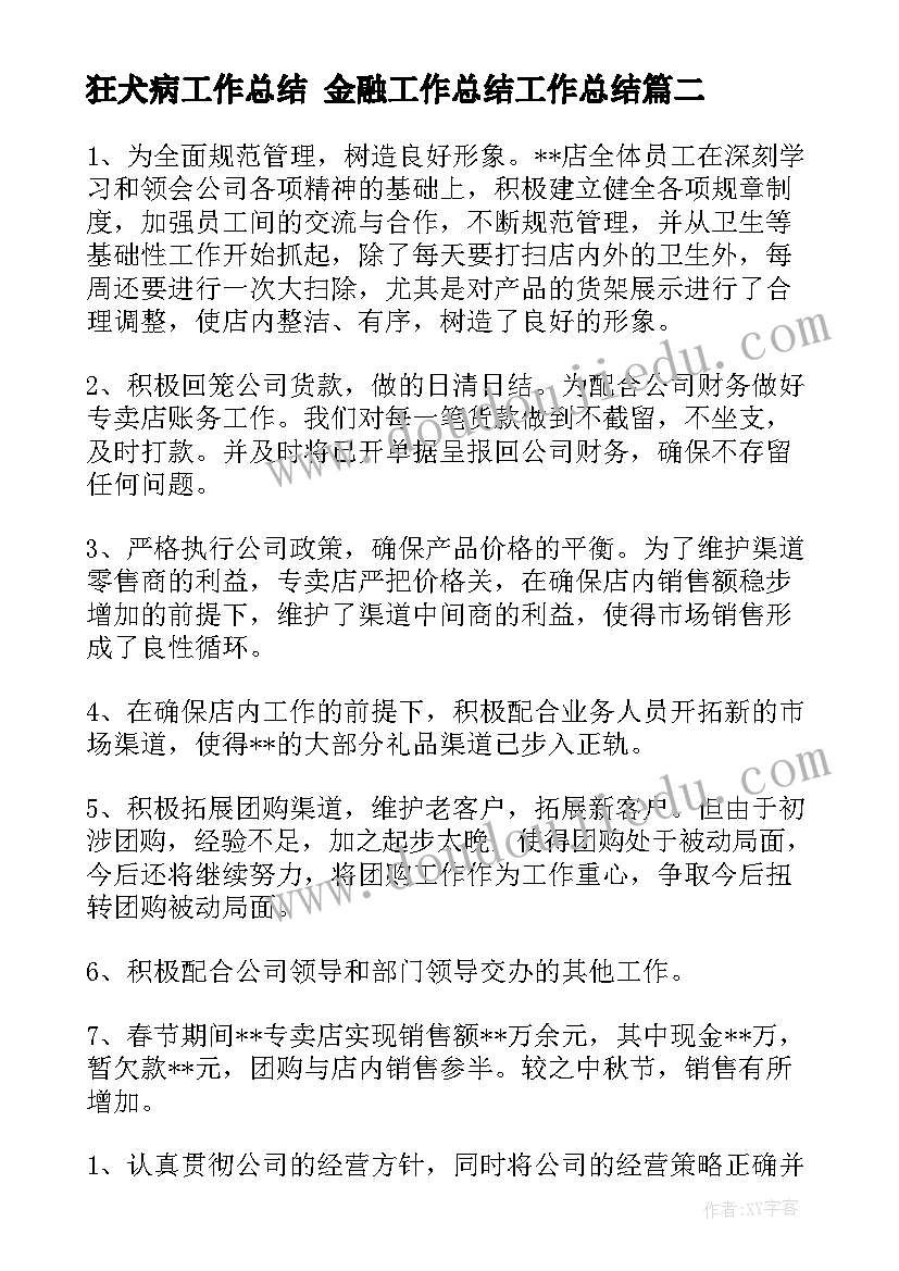 2023年狂犬病工作总结 金融工作总结工作总结(通用9篇)