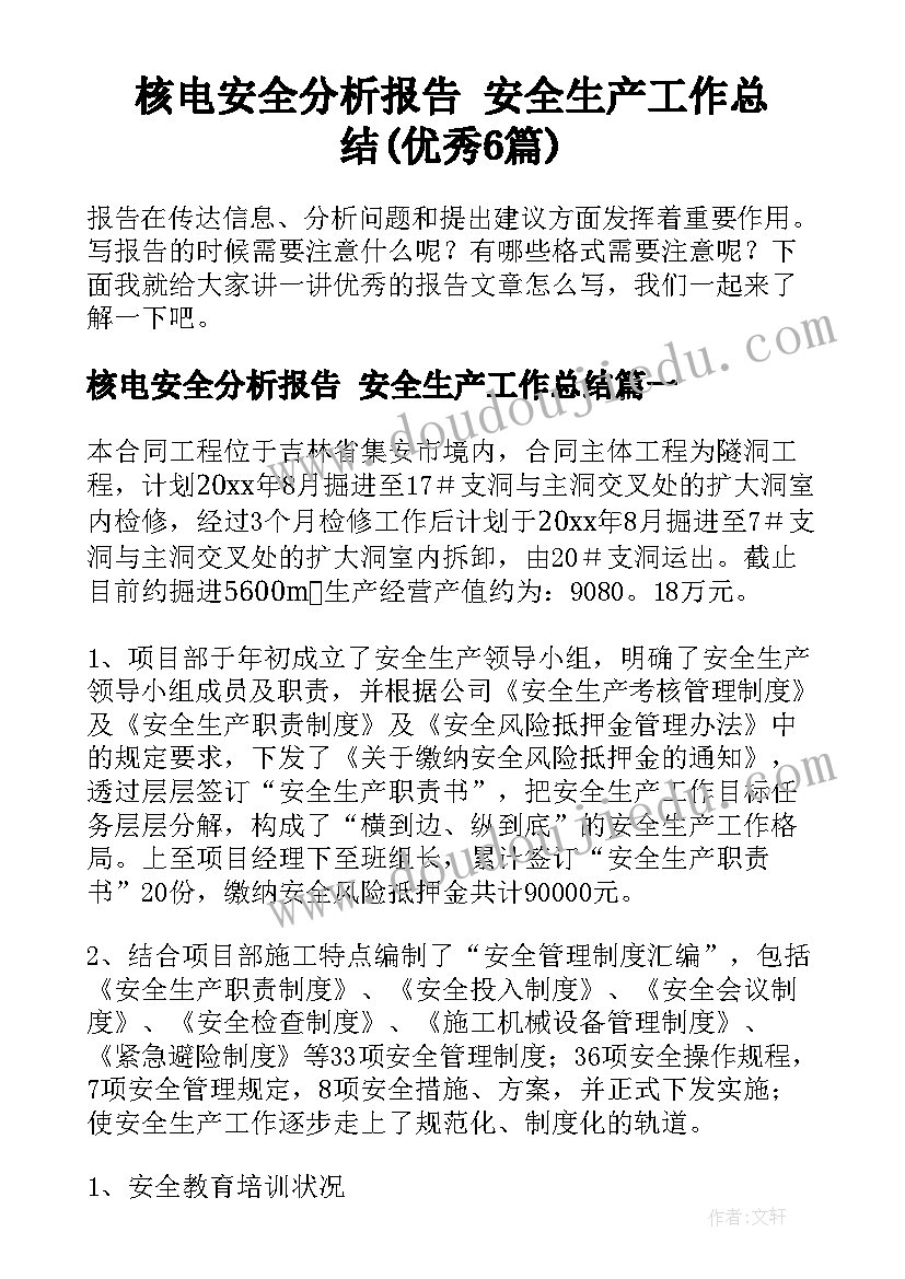 核电安全分析报告 安全生产工作总结(优秀6篇)