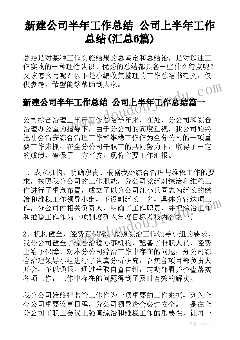 新建公司半年工作总结 公司上半年工作总结(汇总6篇)