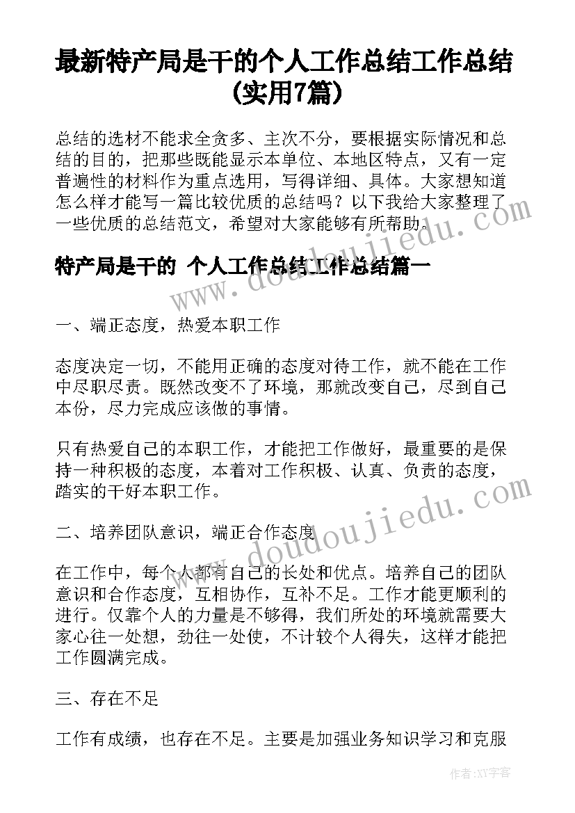 最新特产局是干的 个人工作总结工作总结(实用7篇)