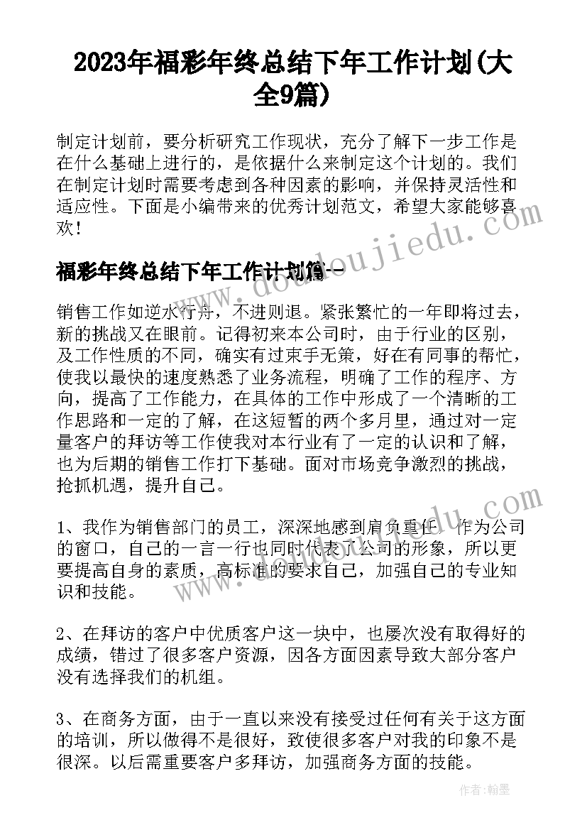 2023年福彩年终总结下年工作计划(大全9篇)