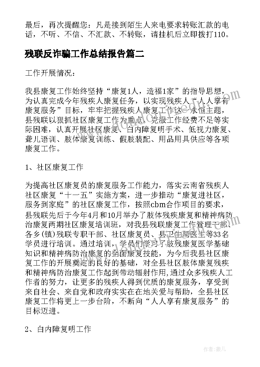 2023年残联反诈骗工作总结报告(通用8篇)