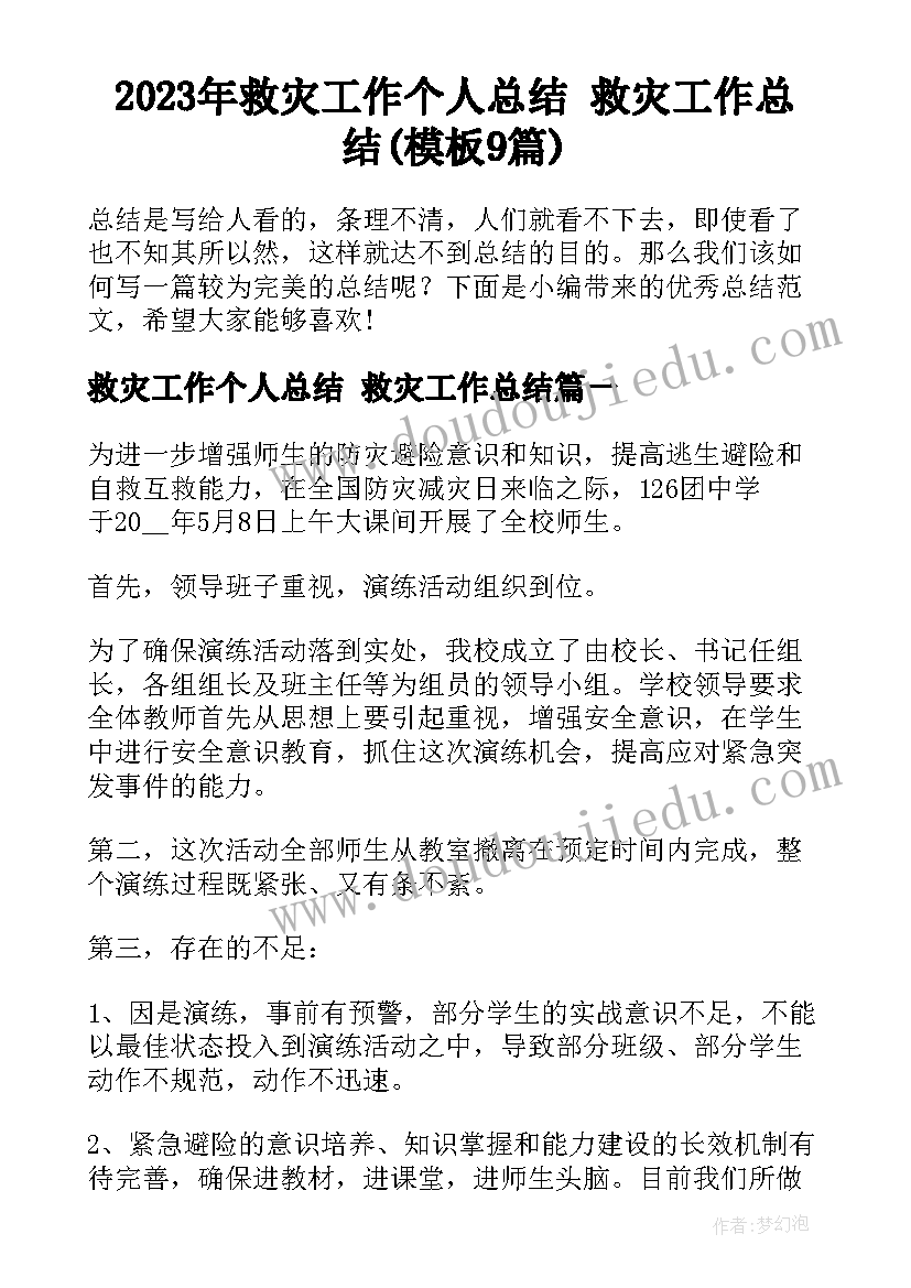 2023年救灾工作个人总结 救灾工作总结(模板9篇)