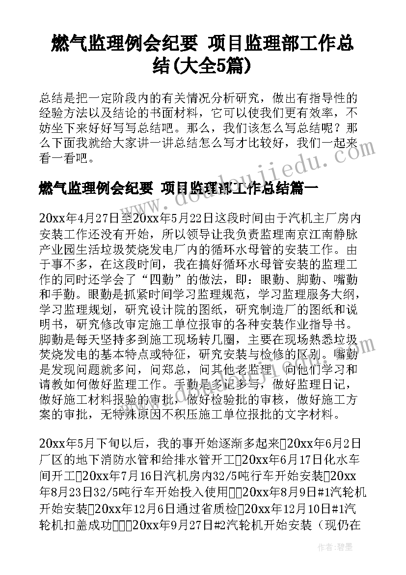 燃气监理例会纪要 项目监理部工作总结(大全5篇)