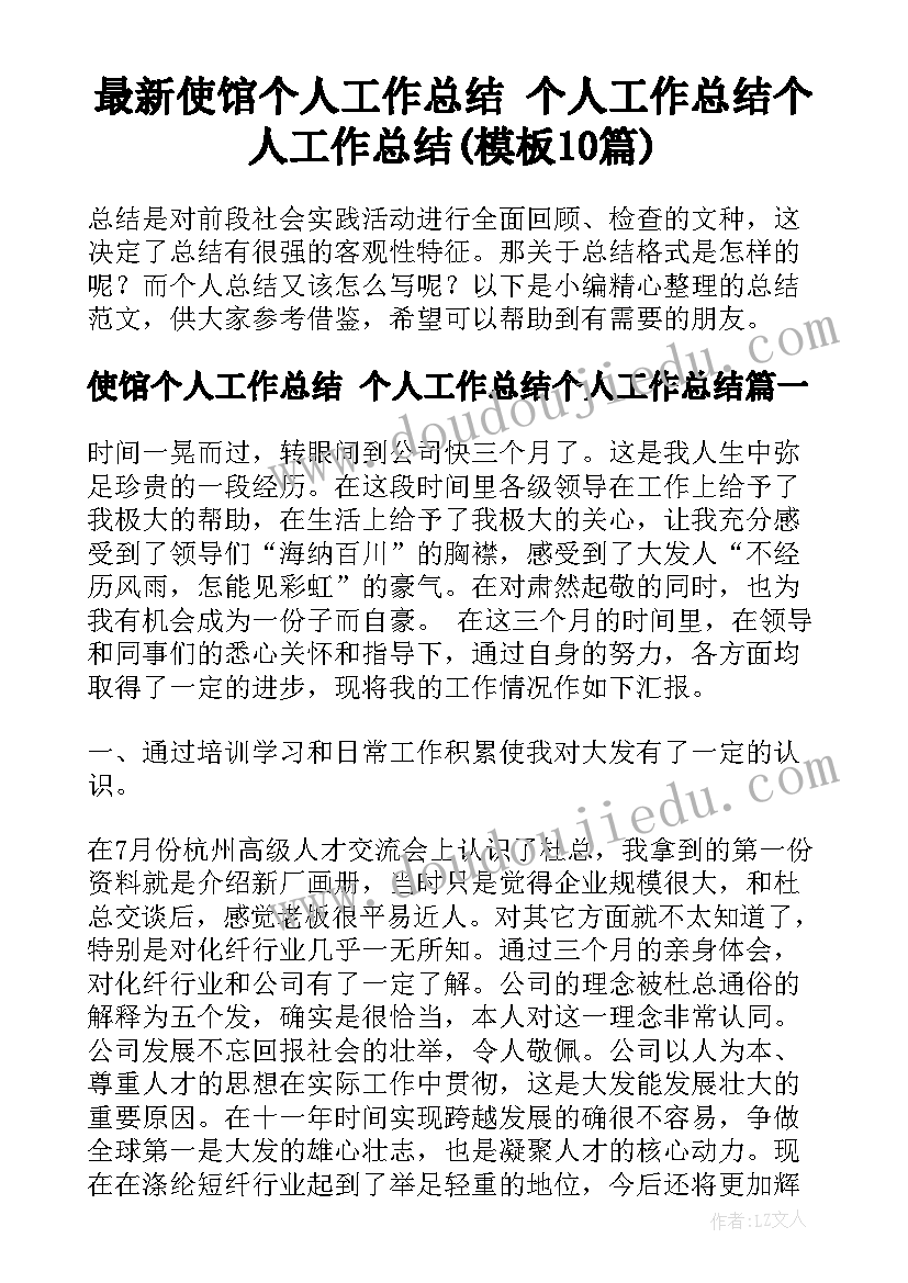 最新使馆个人工作总结 个人工作总结个人工作总结(模板10篇)