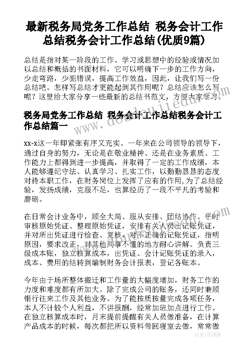 最新税务局党务工作总结 税务会计工作总结税务会计工作总结(优质9篇)