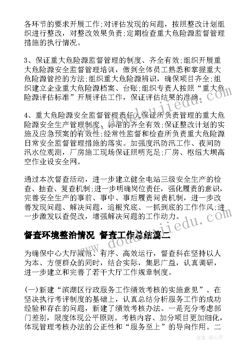 最新督查环境整治情况 督查工作总结(通用5篇)