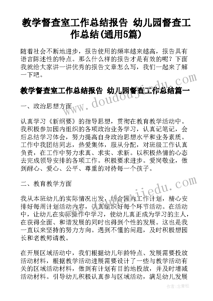 教学督查室工作总结报告 幼儿园督查工作总结(通用5篇)