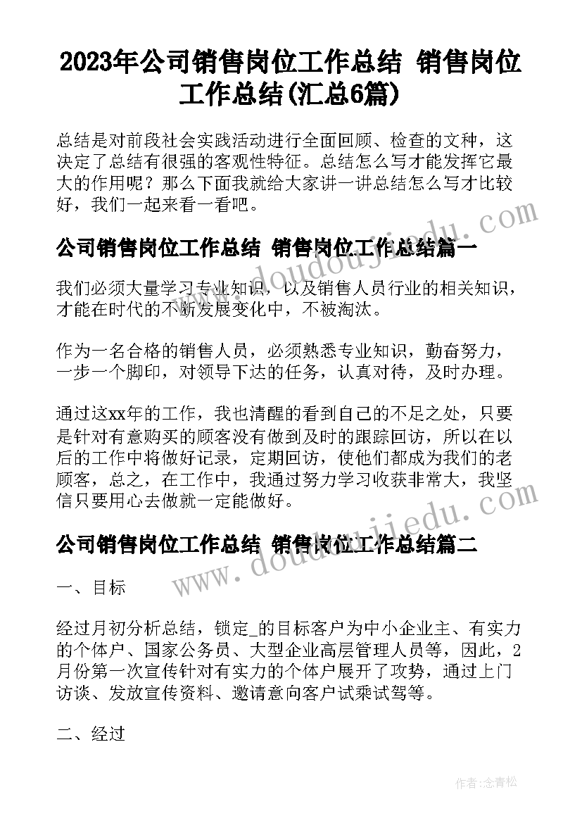 2023年公司销售岗位工作总结 销售岗位工作总结(汇总6篇)