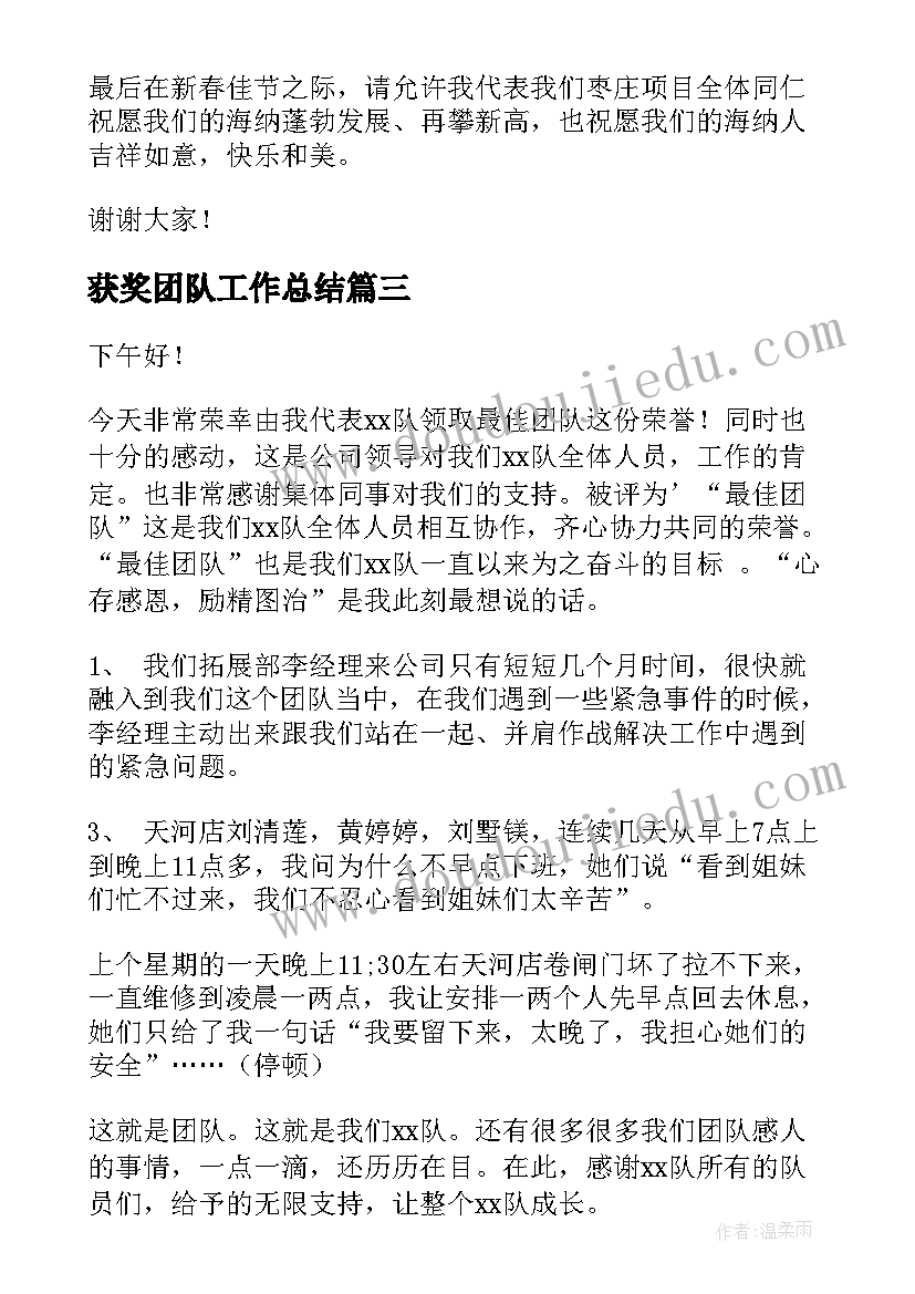 获奖团队工作总结(大全8篇)