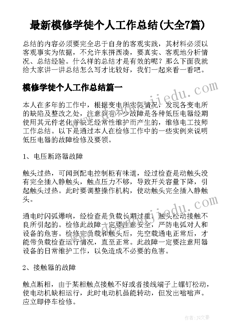 最新模修学徒个人工作总结(大全7篇)