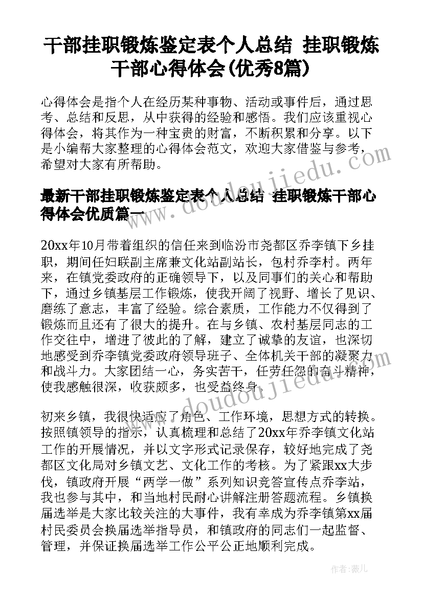 干部挂职锻炼鉴定表个人总结 挂职锻炼干部心得体会(优秀8篇)