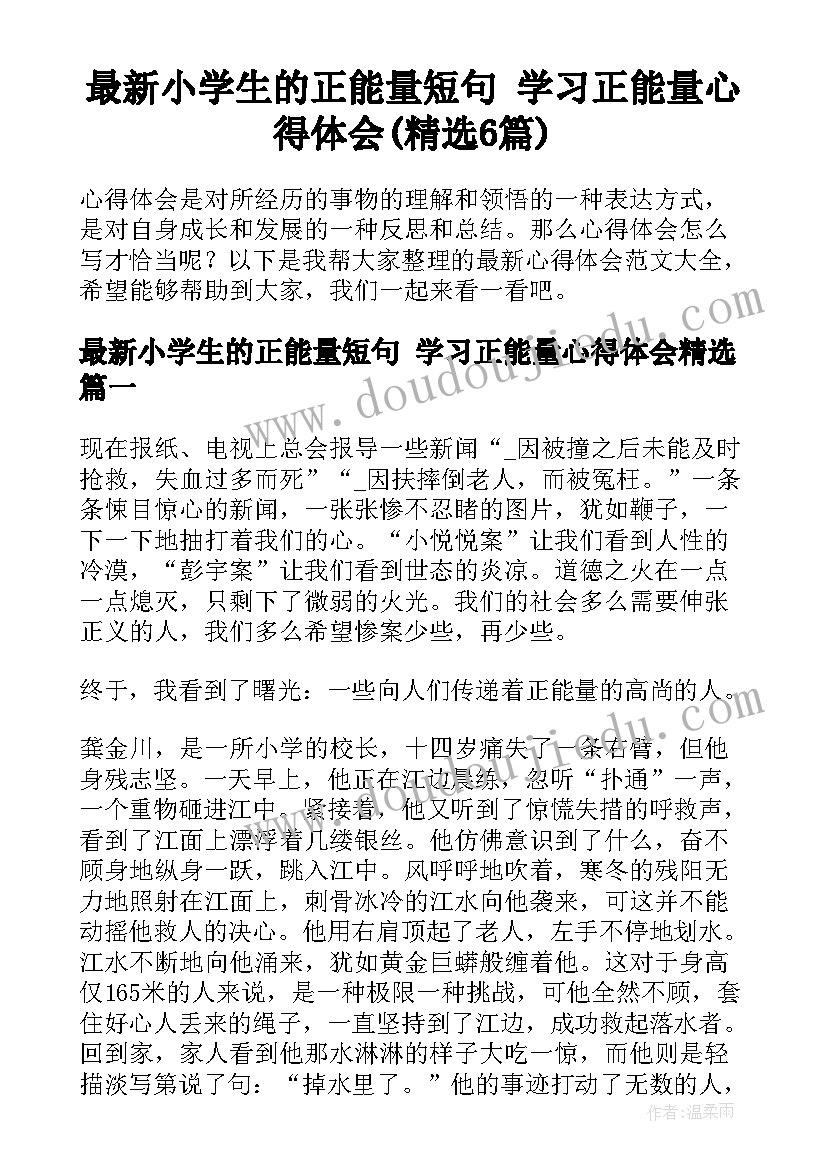 最新小学生的正能量短句 学习正能量心得体会(精选6篇)