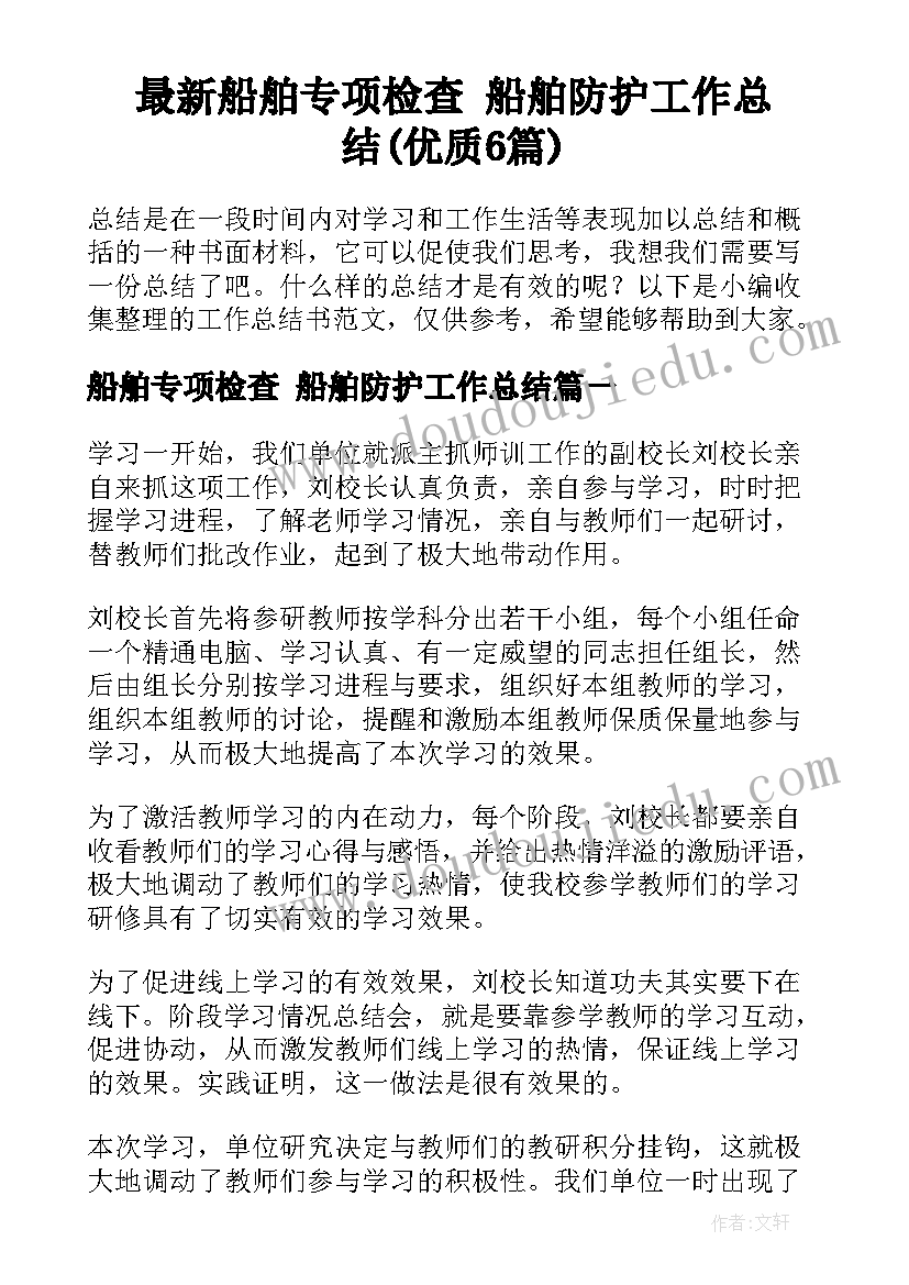 最新船舶专项检查 船舶防护工作总结(优质6篇)