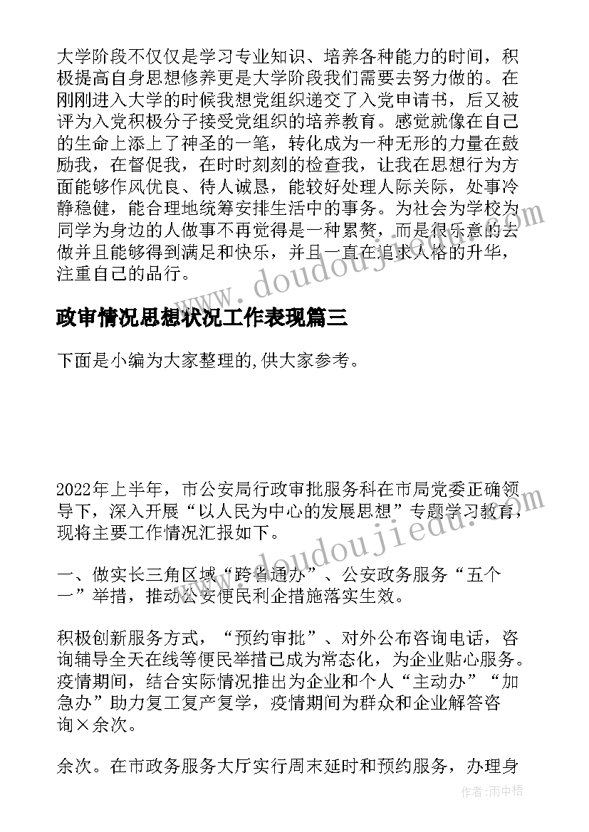 最新政审情况思想状况工作表现 个人工作表现情况总结报告(模板5篇)