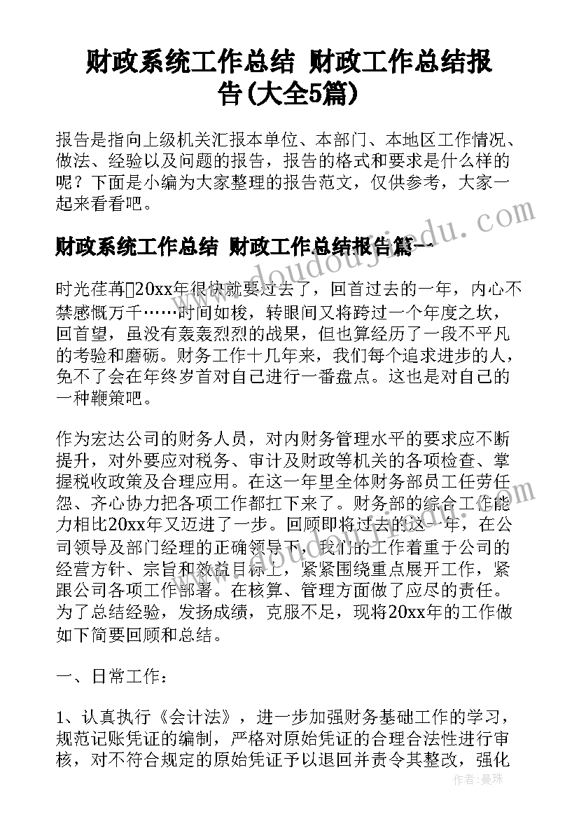 财政系统工作总结 财政工作总结报告(大全5篇)