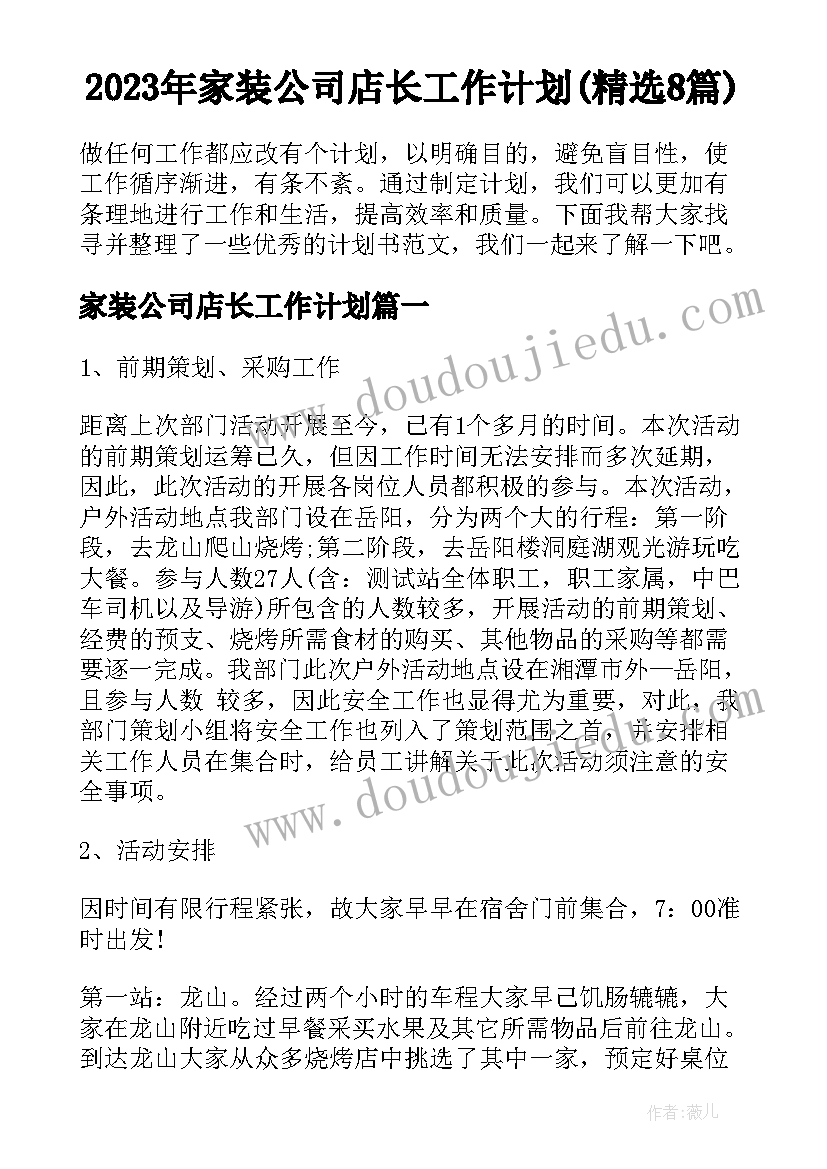 2023年家装公司店长工作计划(精选8篇)