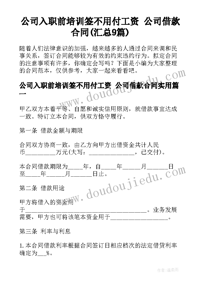 公司入职前培训签不用付工资 公司借款合同(汇总9篇)