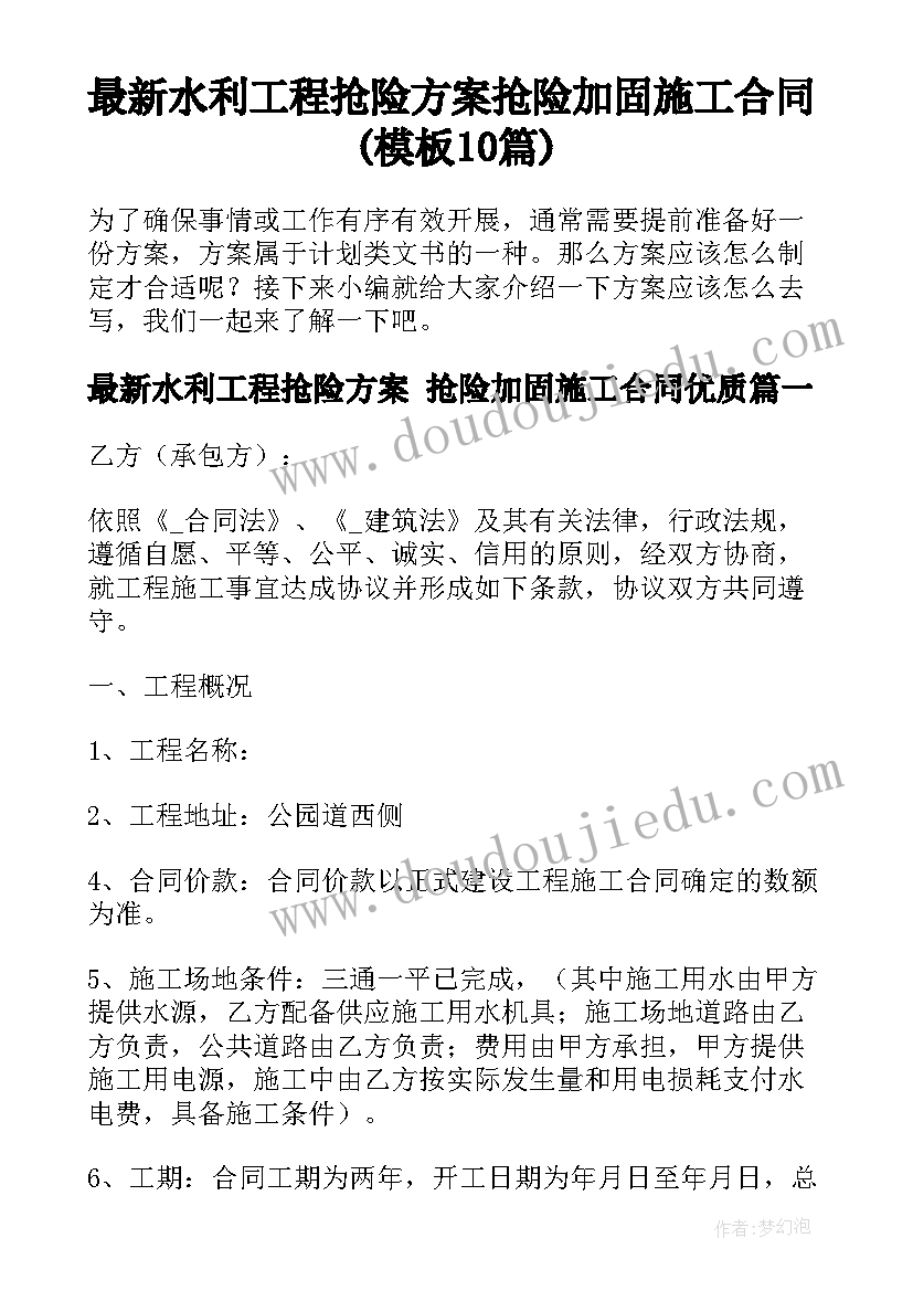 最新水利工程抢险方案 抢险加固施工合同(模板10篇)