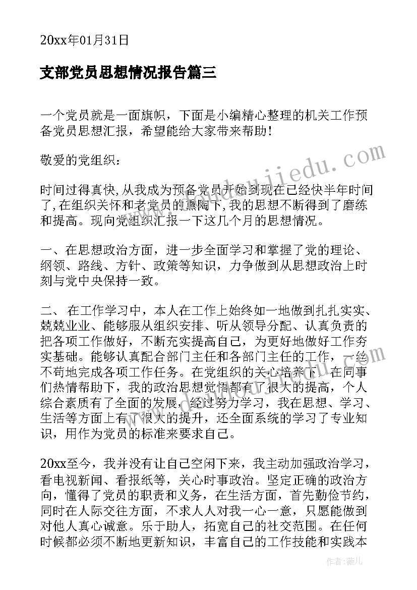 支部党员思想情况报告(通用9篇)