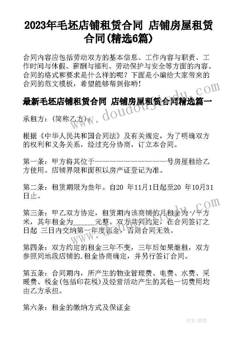 2023年毛坯店铺租赁合同 店铺房屋租赁合同(精选6篇)