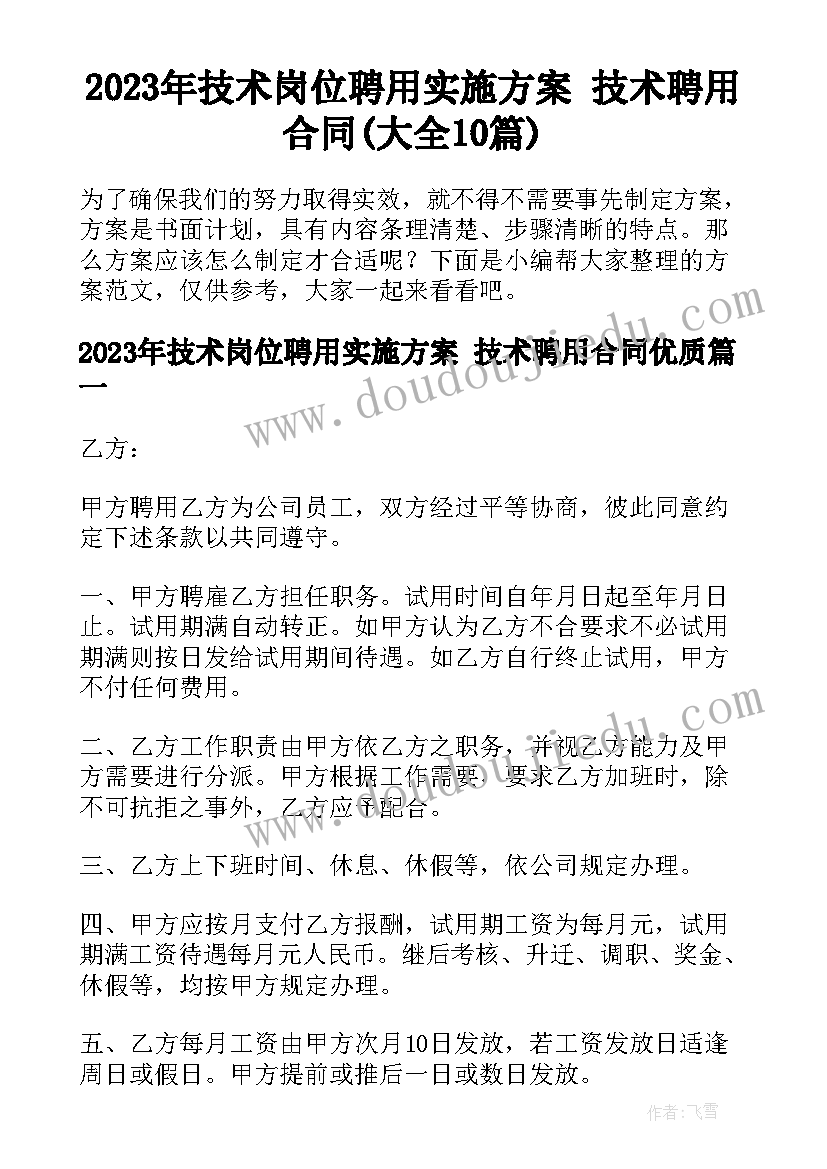 2023年技术岗位聘用实施方案 技术聘用合同(大全10篇)