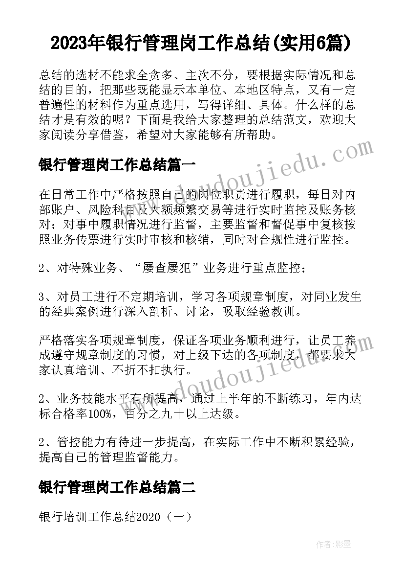 2023年银行管理岗工作总结(实用6篇)