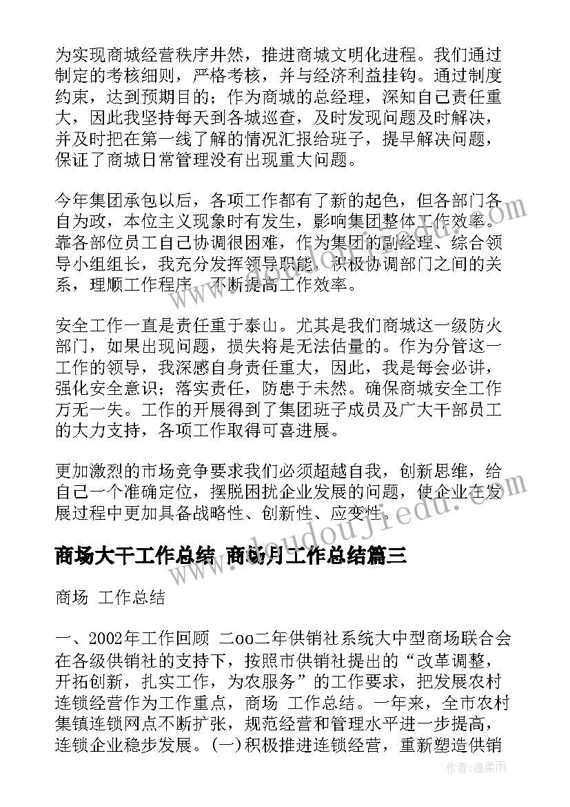 商场大干工作总结 商场月工作总结(精选10篇)