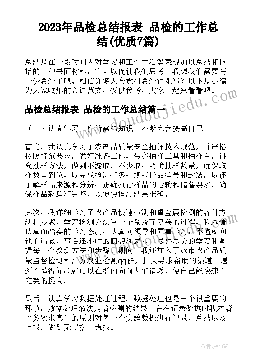 2023年品检总结报表 品检的工作总结(优质7篇)