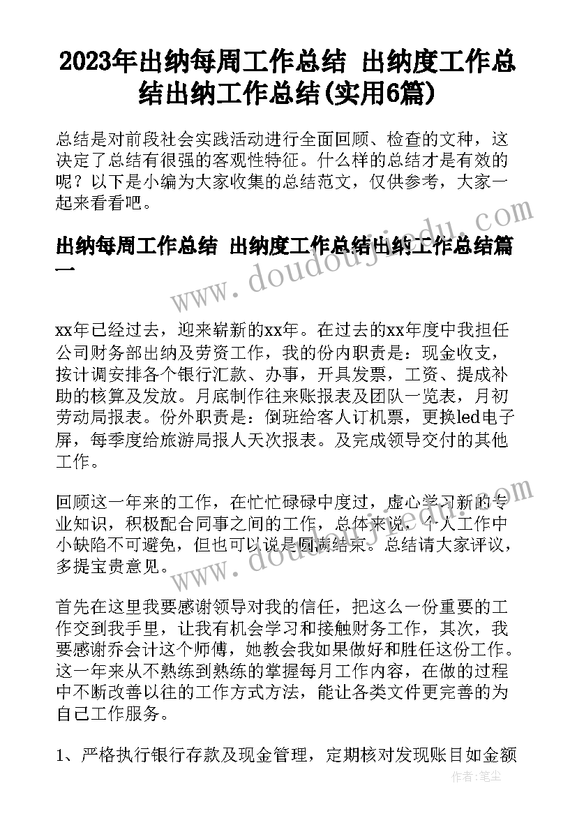 2023年出纳每周工作总结 出纳度工作总结出纳工作总结(实用6篇)