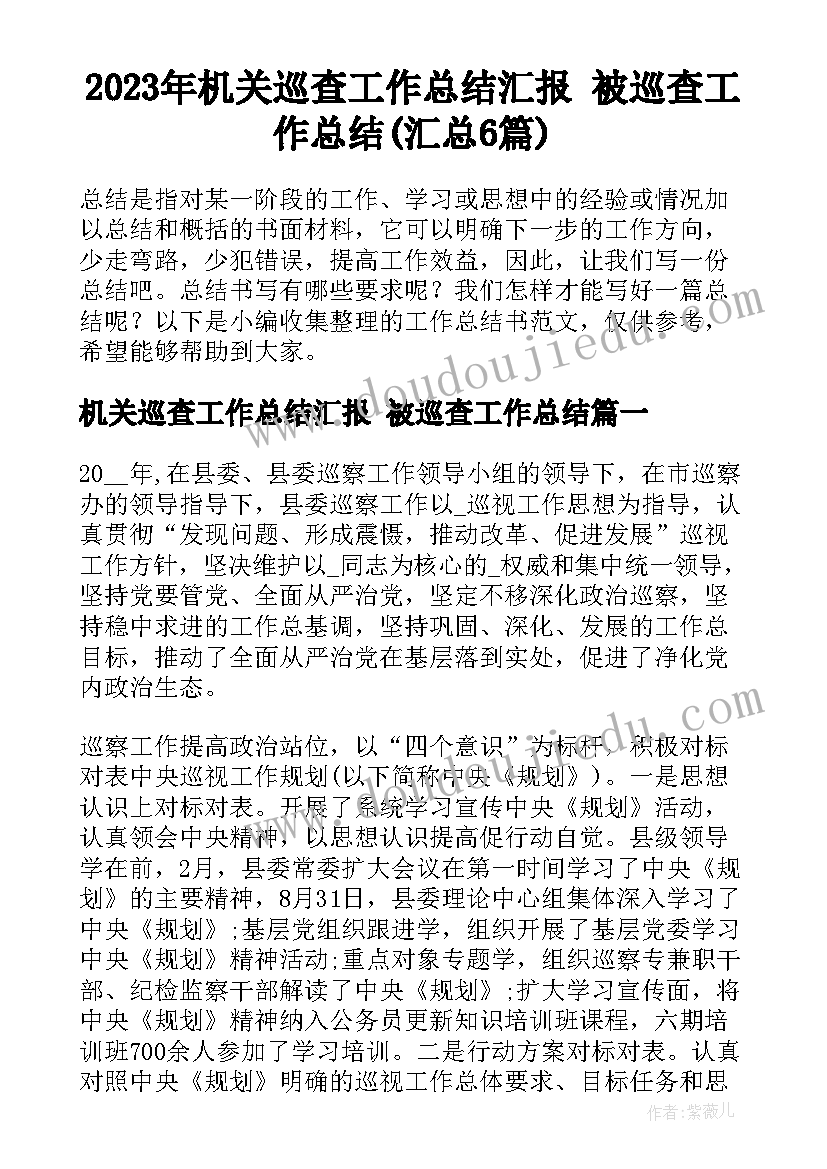 2023年机关巡查工作总结汇报 被巡查工作总结(汇总6篇)