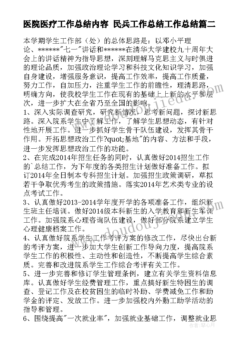 最新医院医疗工作总结内容 民兵工作总结工作总结(模板7篇)