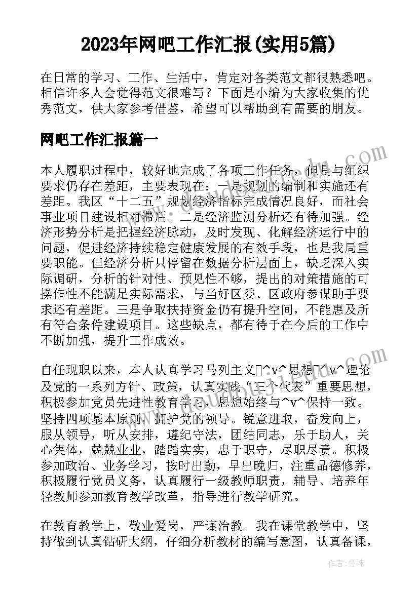 2023年网吧工作汇报(实用5篇)