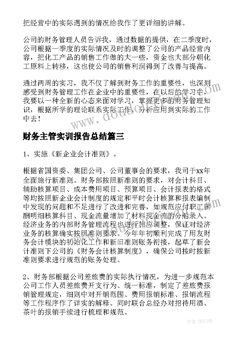 财务主管实训报告总结(模板9篇)