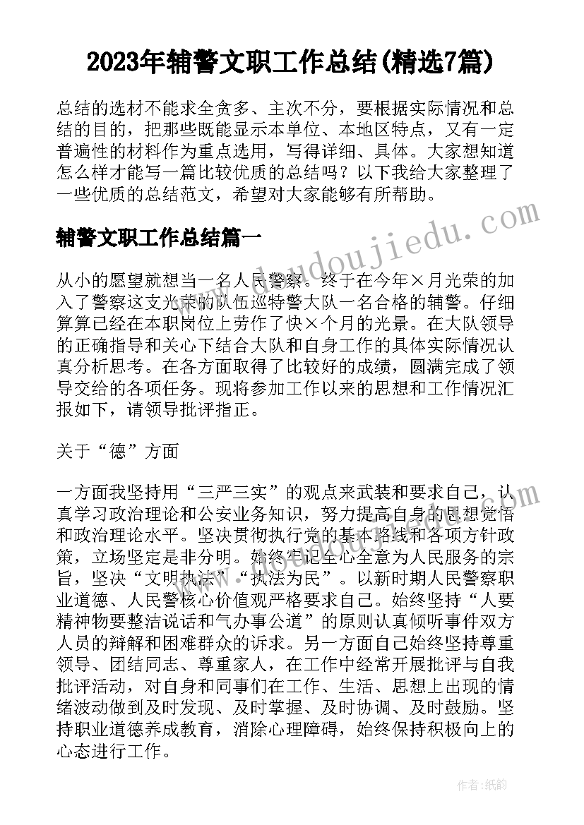 2023年辅警文职工作总结(精选7篇)