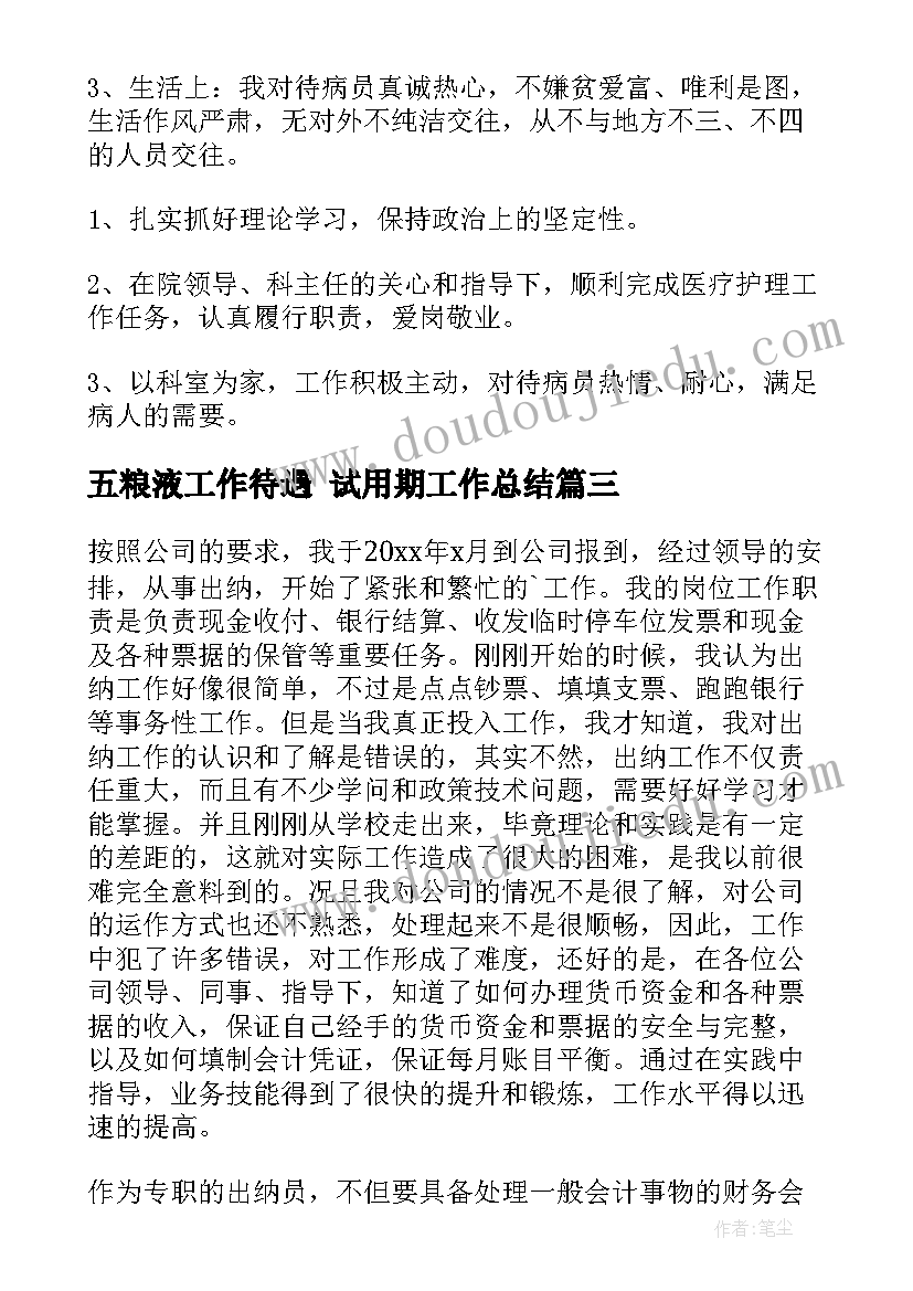 最新五粮液工作待遇 试用期工作总结(模板7篇)