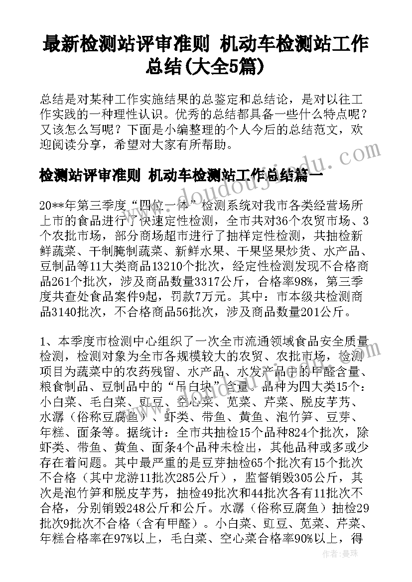 最新检测站评审准则 机动车检测站工作总结(大全5篇)