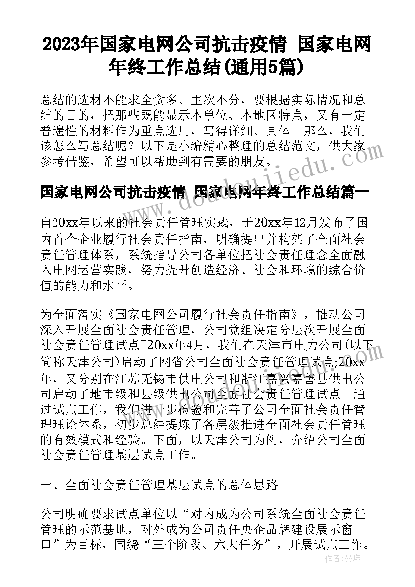 2023年国家电网公司抗击疫情 国家电网年终工作总结(通用5篇)