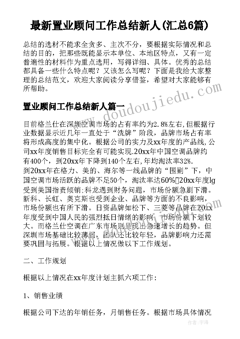 最新置业顾问工作总结新人(汇总6篇)