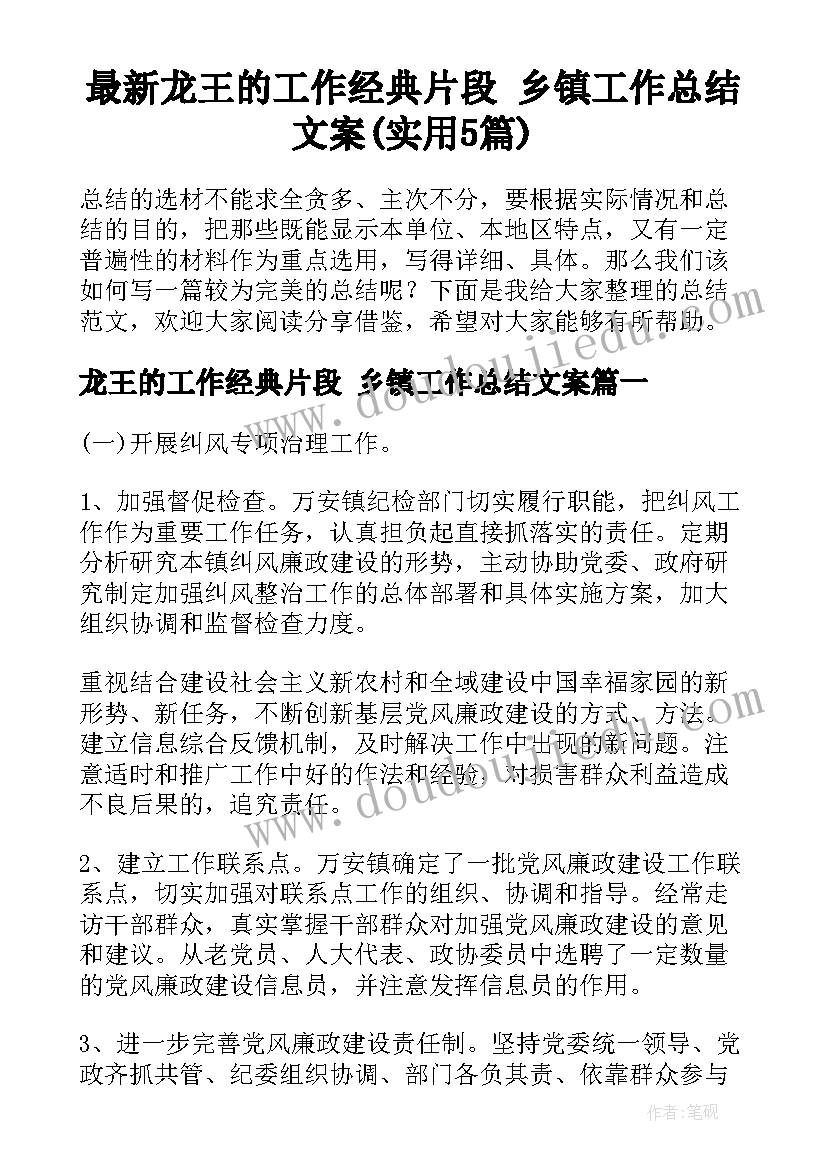 最新龙王的工作经典片段 乡镇工作总结文案(实用5篇)