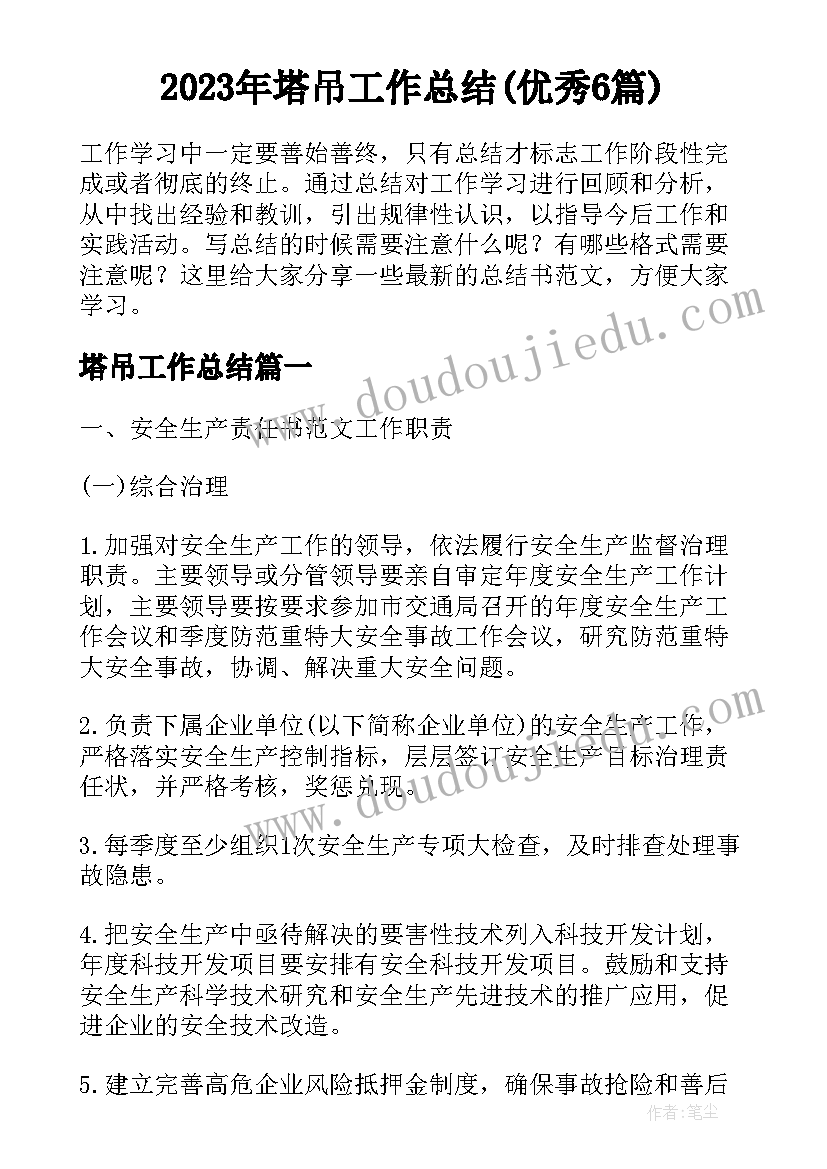 2023年塔吊工作总结(优秀6篇)