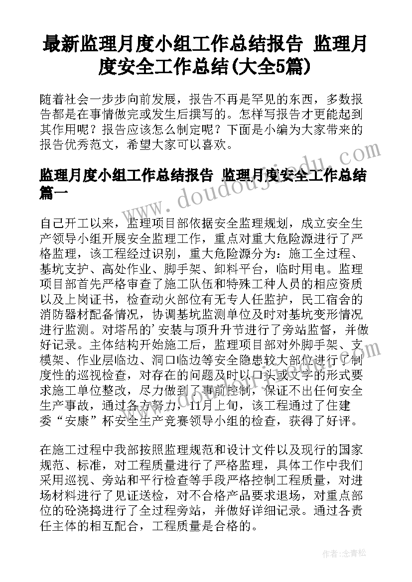 最新监理月度小组工作总结报告 监理月度安全工作总结(大全5篇)