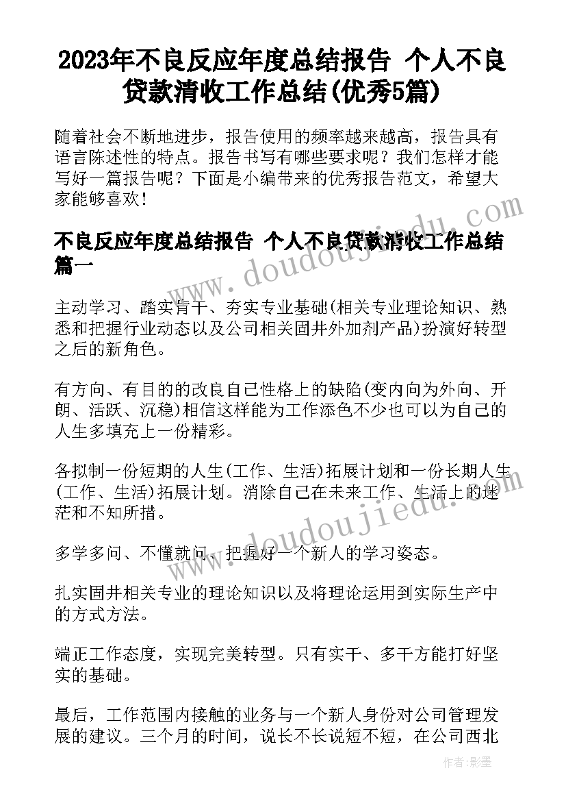 2023年不良反应年度总结报告 个人不良贷款清收工作总结(优秀5篇)