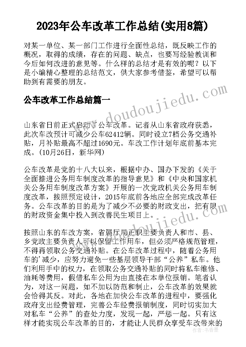 2023年公车改革工作总结(实用8篇)