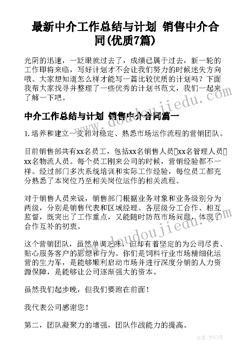 最新中介工作总结与计划 销售中介合同(优质7篇)