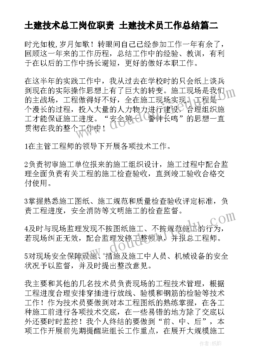 2023年土建技术总工岗位职责 土建技术员工作总结(模板6篇)