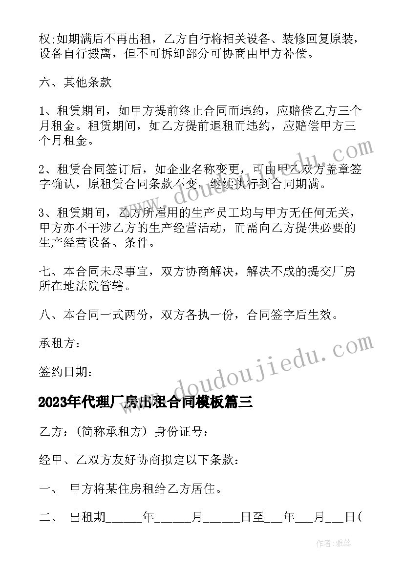 最新代理厂房出租合同(大全6篇)